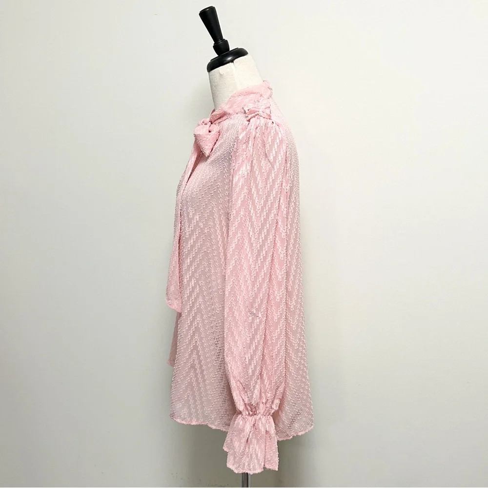 Shein Pink Sheer Chevron Faux Pearl Puff Flounce Sleeve Pussycat Bow Blouse 2XL - Picture 5 of 10
